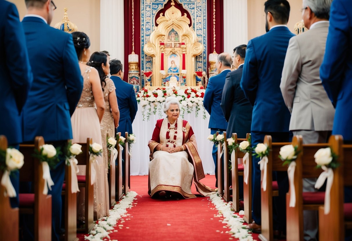 A wedding scene with the mother of the groom seated on the aisle, surrounded by cultural and religious symbols and decorations