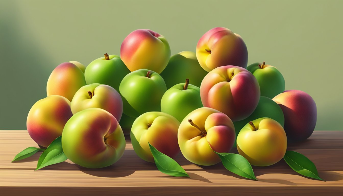 A pile of unripe nectarines sits on a wooden table, their green and yellow skin contrasting against the warm, natural tones of the surface