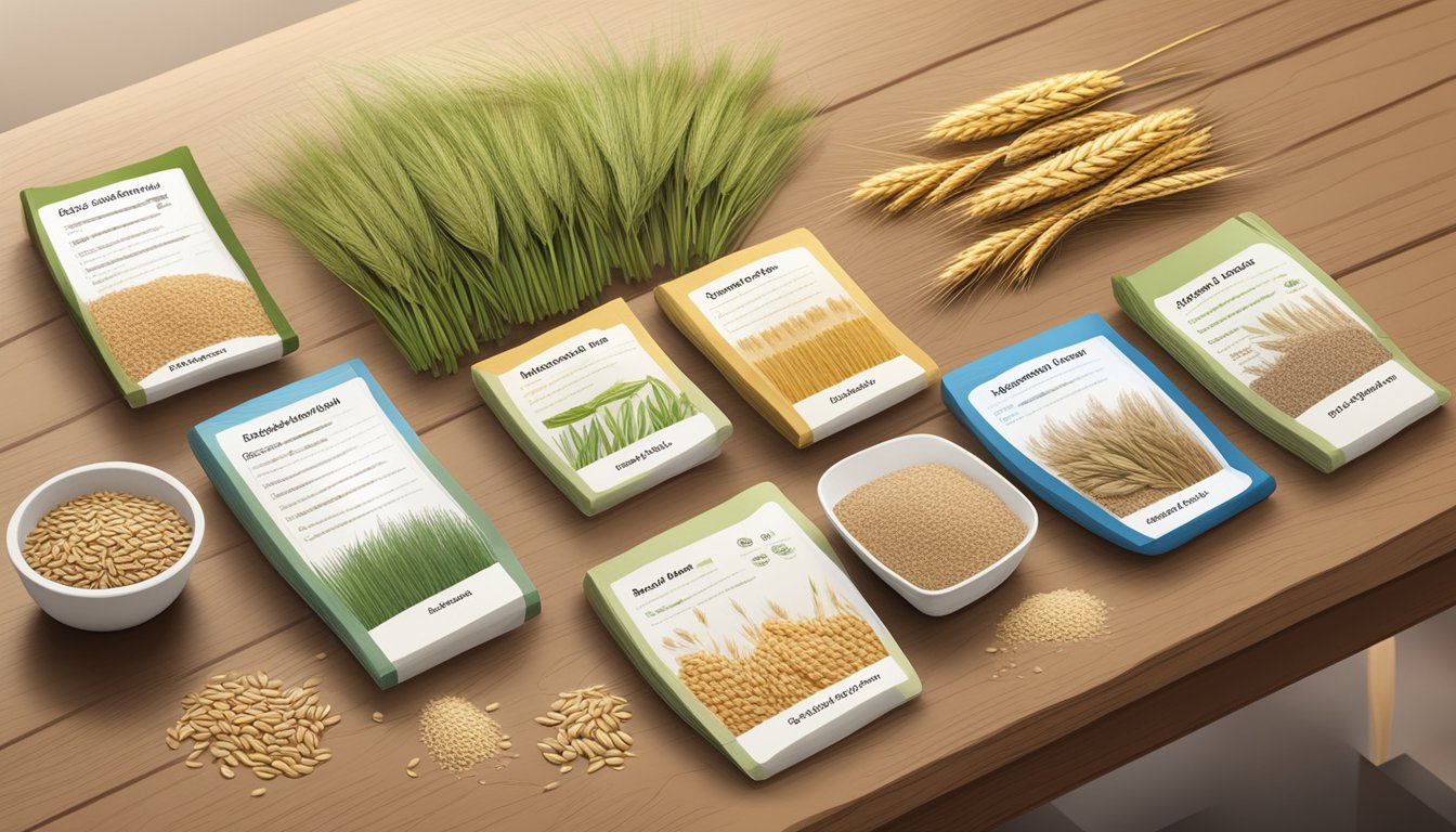 A variety of edible grasses, including wheat, oats, and barley, are arranged on a wooden table with their nutritional information displayed next to them