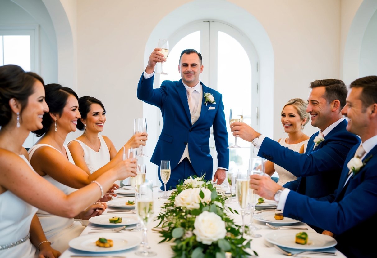 The groom stands at the head of the table, raising his glass in a toast. Family and wedding party members surround him, smiling and clinking their glasses together