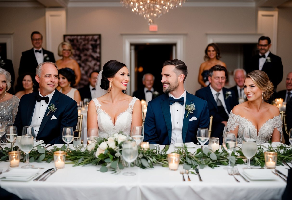The bride and groom sit side by side at the head of the elegantly decorated rehearsal dinner table, surrounded by their closest family and friends