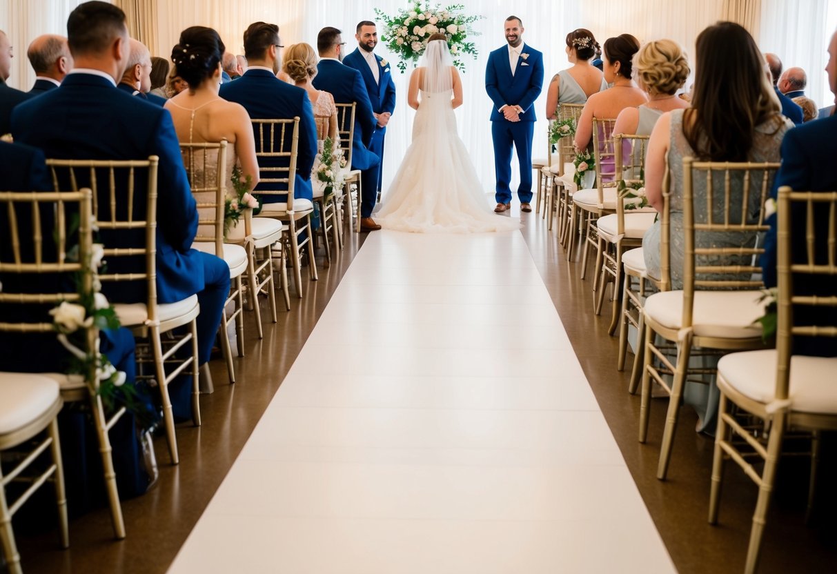 The wedding venue is set with decorated chairs arranged in neat rows. The aisle is clearly visible, with the mother of the groom seated on the aisle side
