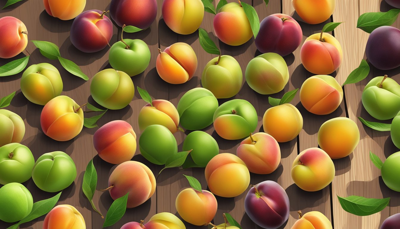 A variety of unripe nectarines, some still green, others starting to turn orange, arranged on a wooden cutting board