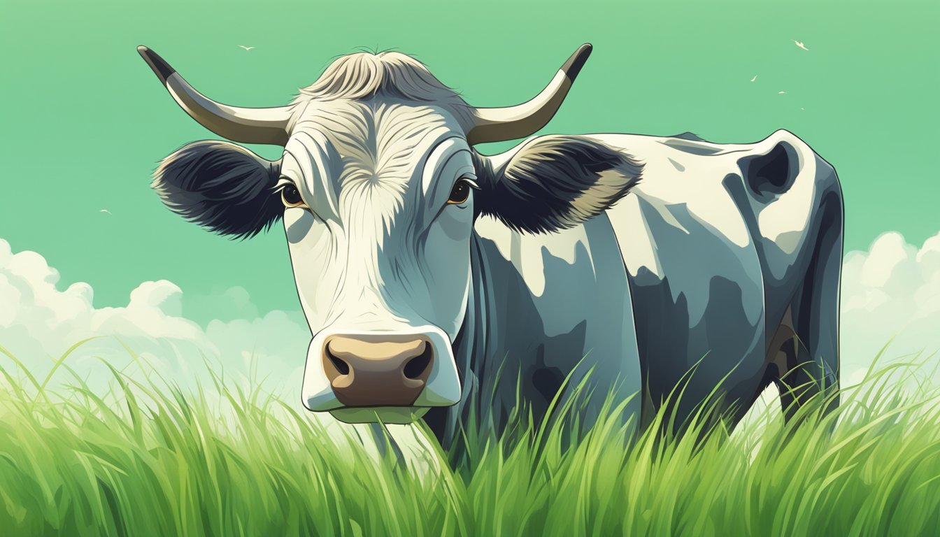 A cow grazing in a lush green field, peacefully eating grass with a content expression