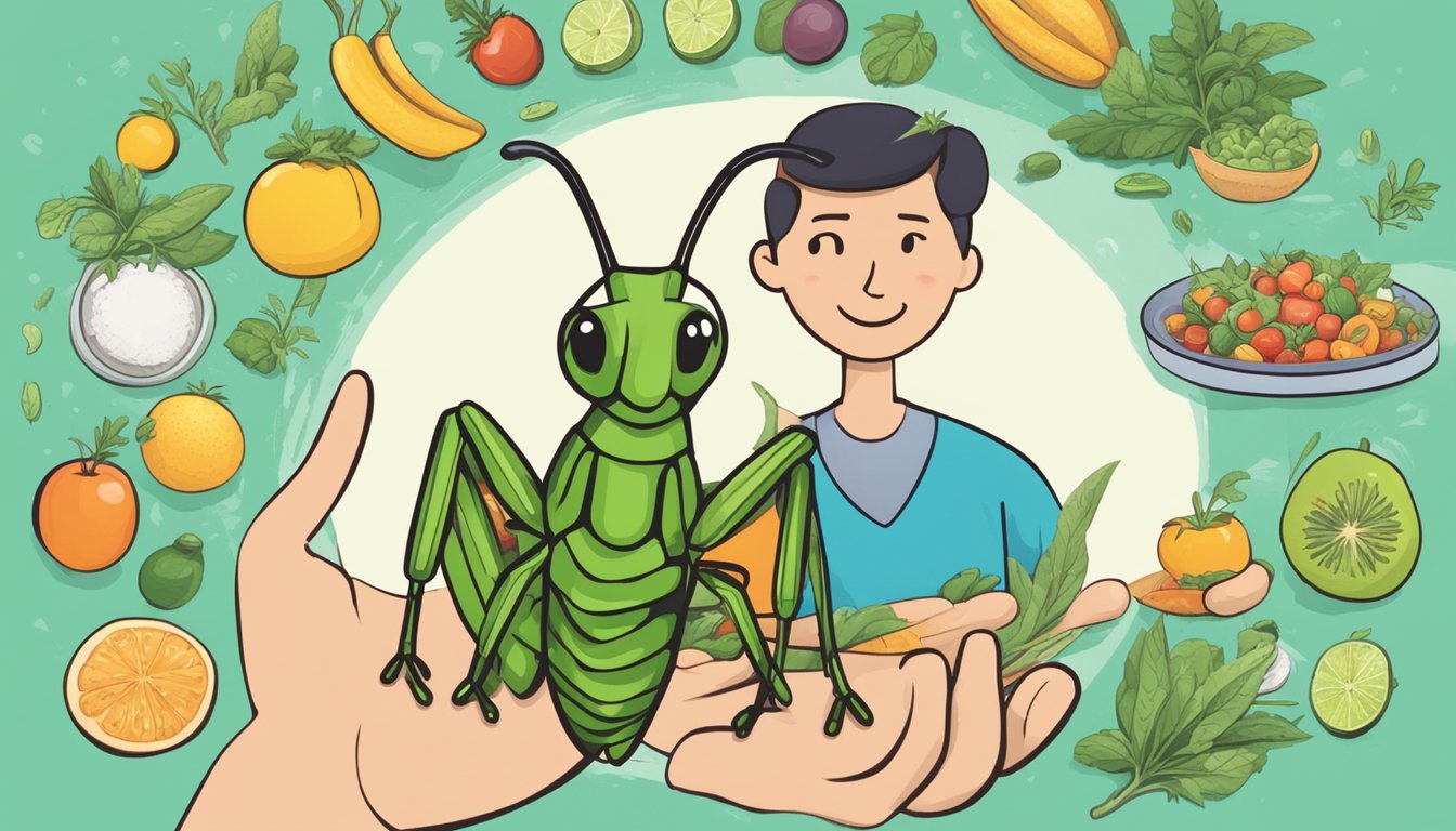 A person holding a grasshopper in their hand, with a question mark hovering above their head. The background includes images of healthy food and a microscope