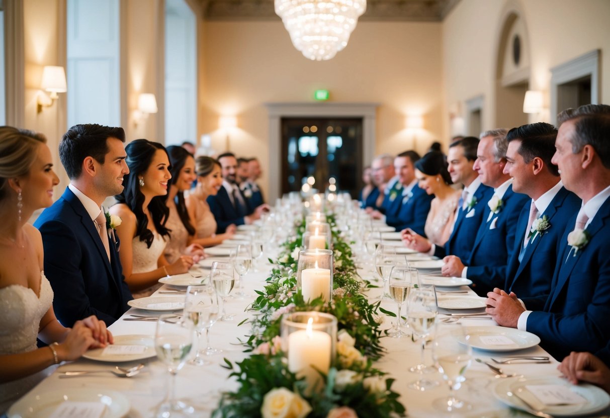 The bride and groom sit side by side at the head of the long dinner table, surrounded by friends and family