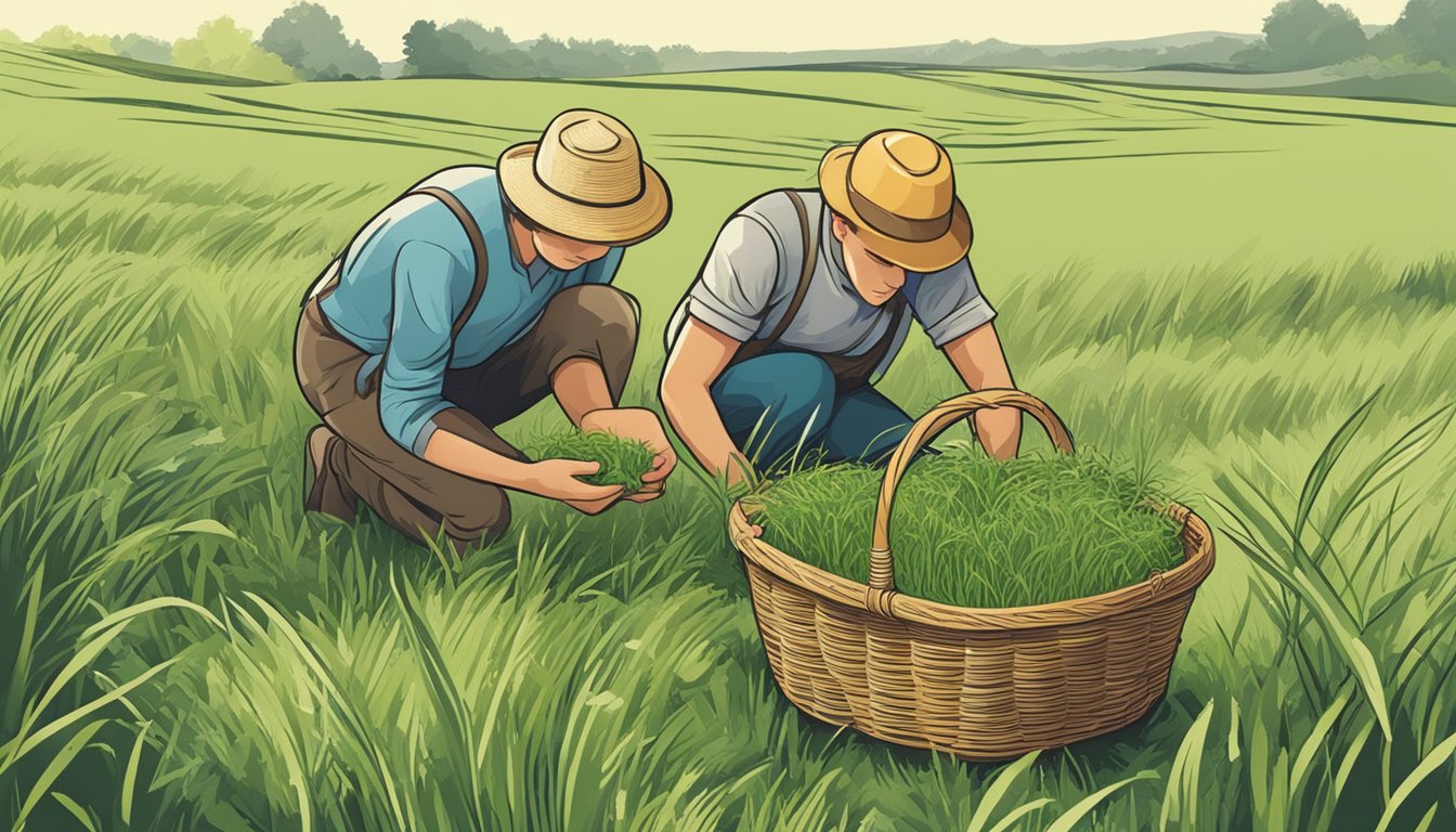 A person is foraging for edible grass in a field, carefully examining the different types and collecting them in a basket