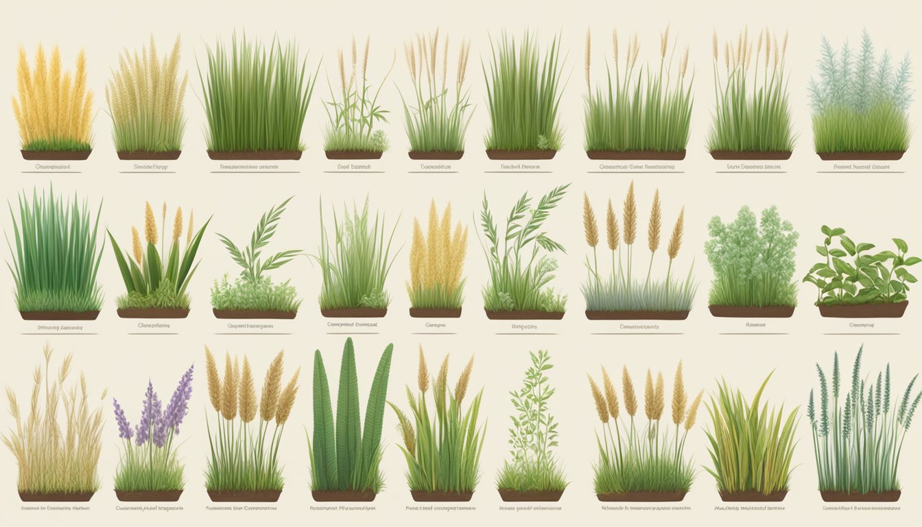 A variety of grasses arranged in a grid, with labels indicating their suitability for human consumption