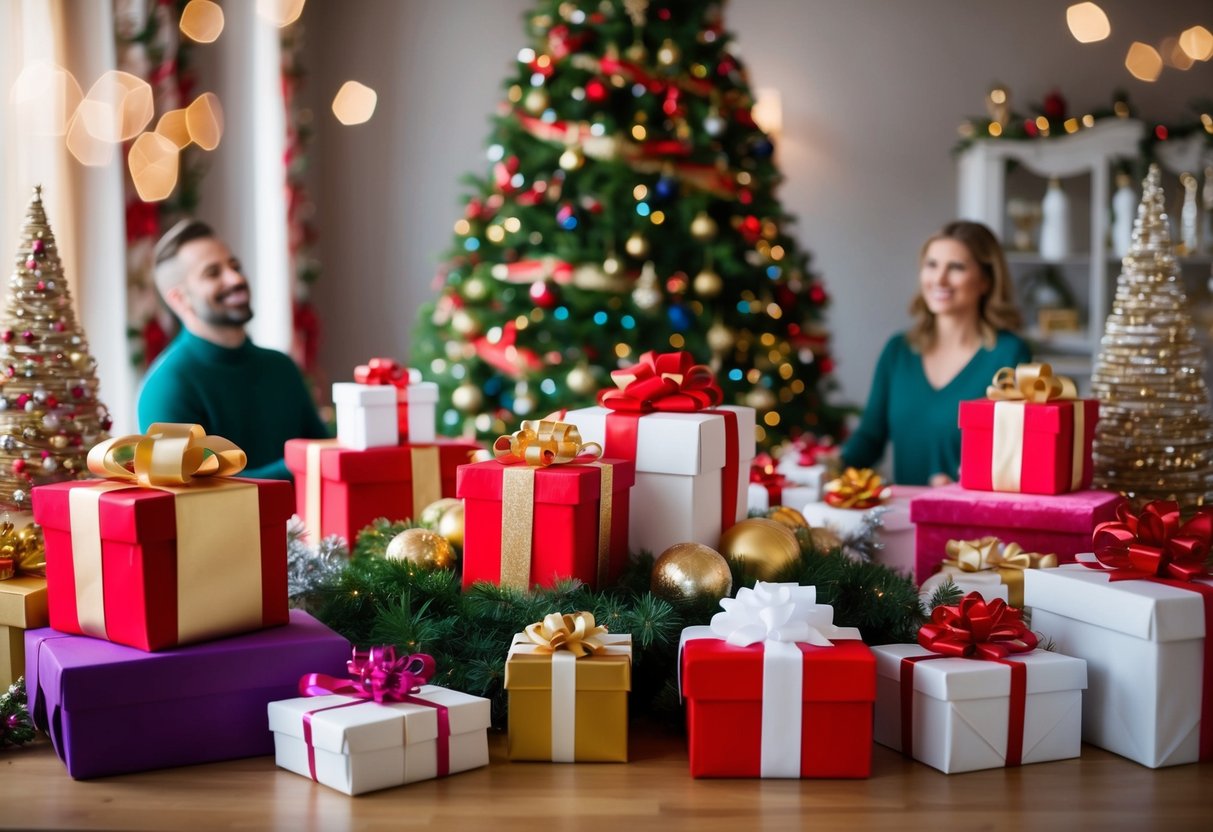 A festive gathering with a mix of masculine and feminine decor, featuring gifts and presents displayed in a central area