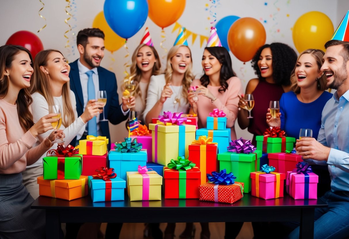A table adorned with colorful gift-wrapped presents, balloons, and streamers, surrounded by excited party guests mingling and laughing