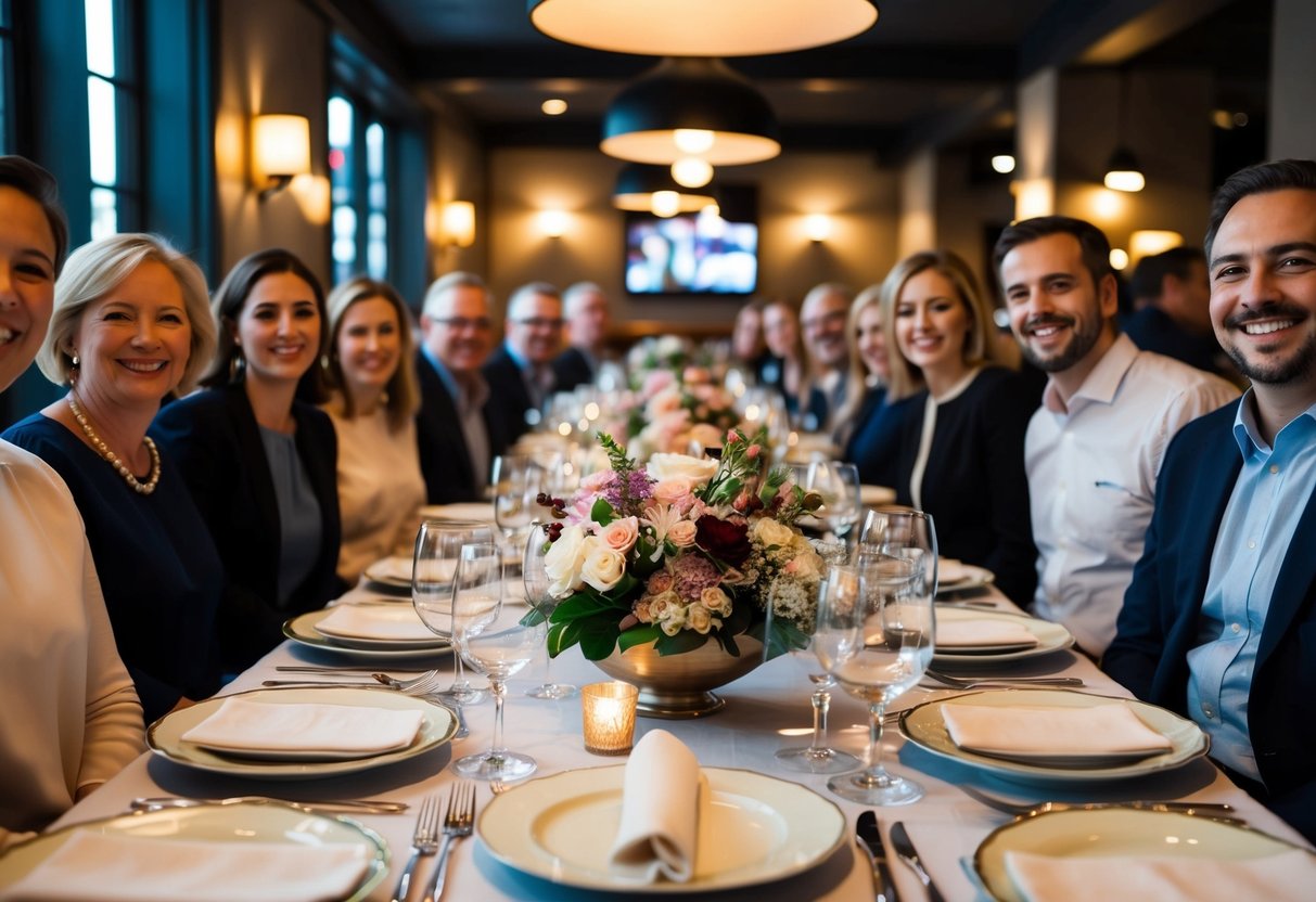A table set with elegant dinnerware and floral centerpieces, surrounded by smiling guests in a cozy, dimly lit restaurant