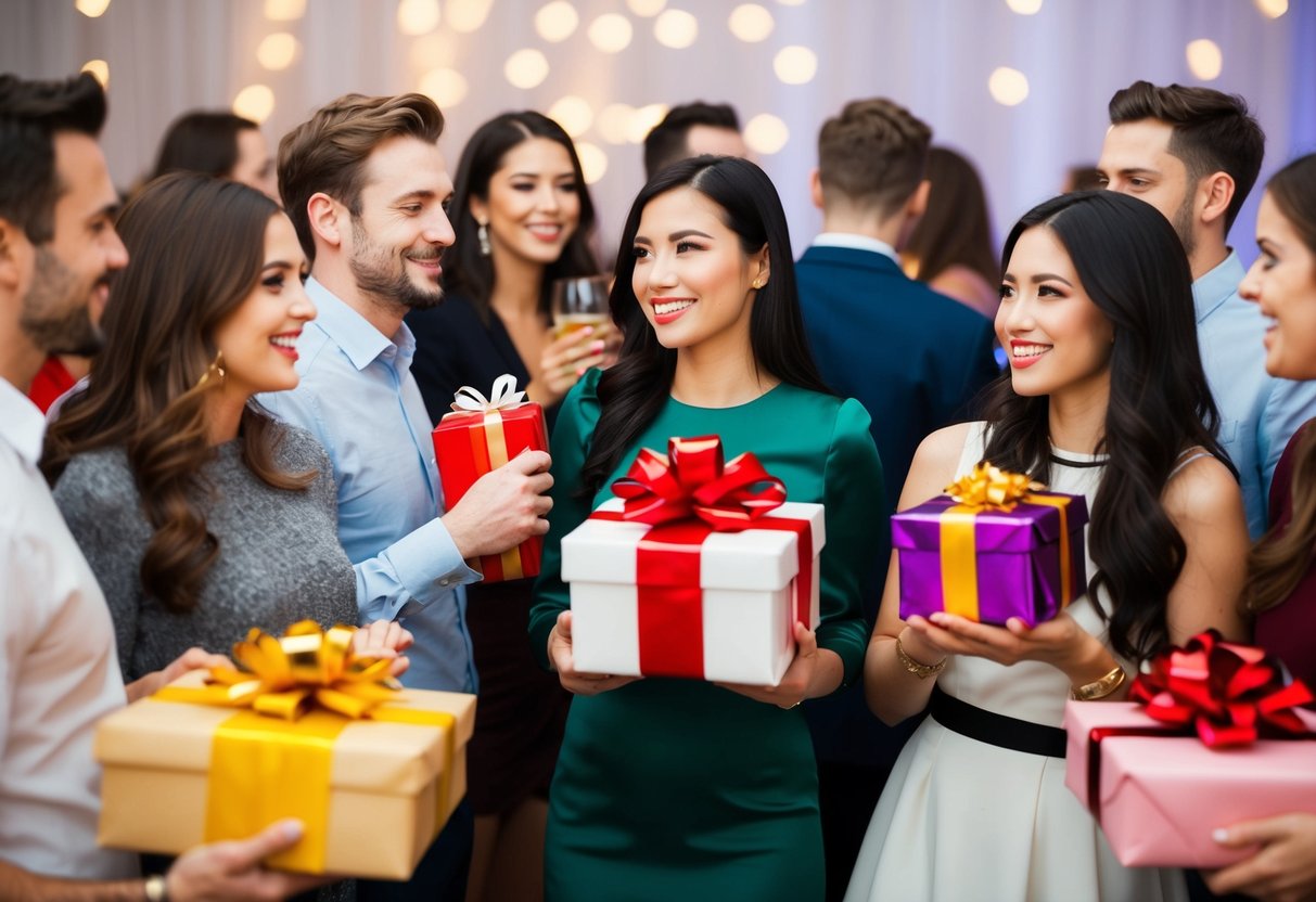 A group of people at a party, some holding wrapped gifts, while others mingle and socialize