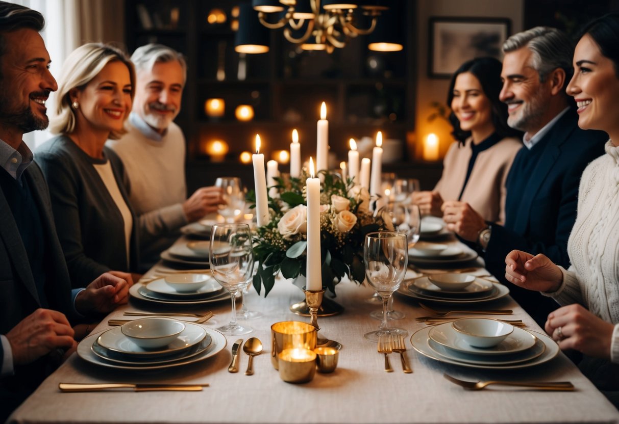 A table set with elegant dinnerware and candles, surrounded by family and friends in a cozy, intimate setting