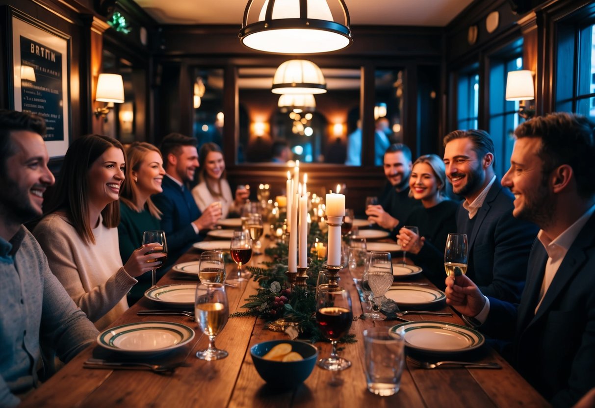 A cozy British pub with dim lighting and a long wooden table set with elegant dinnerware and flickering candles, surrounded by friends and family chatting and laughing