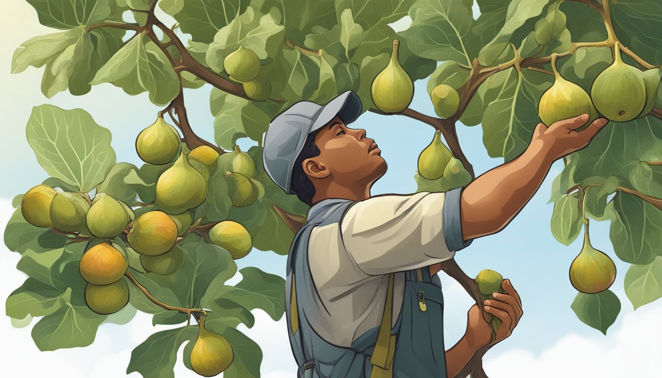 A person picking a fig from a tree, inspecting it for ripeness before deciding whether it is safe to eat