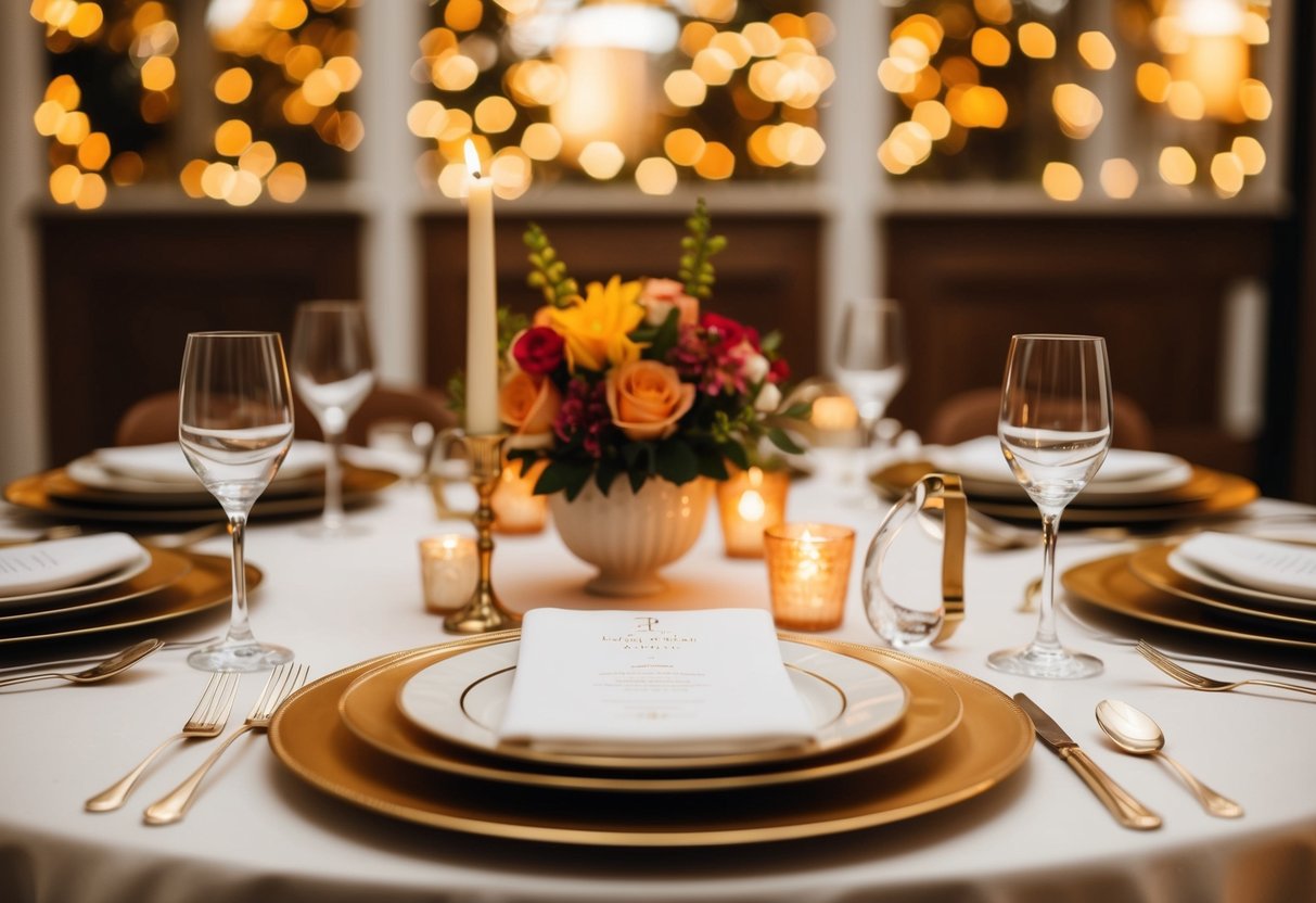 A beautifully set table with elegant place settings and a warm, inviting atmosphere