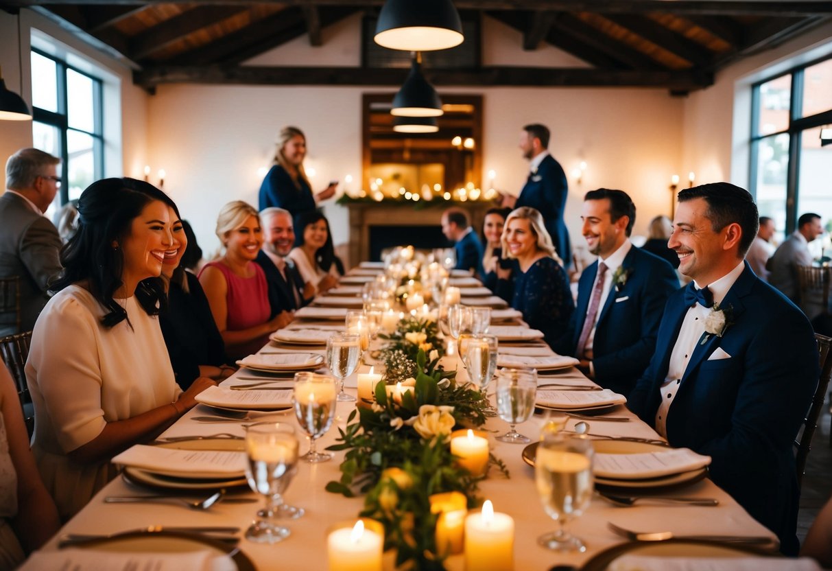 A cozy, candlelit restaurant with a long table set for a rehearsal dinner. Guests mingle and laugh, while a couple shares a tender moment