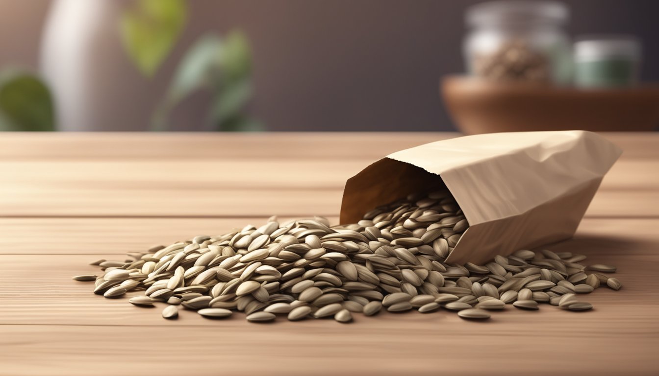 A pile of sunflower seeds spilling out of a torn, expired package, with a few seeds scattered on a wooden table