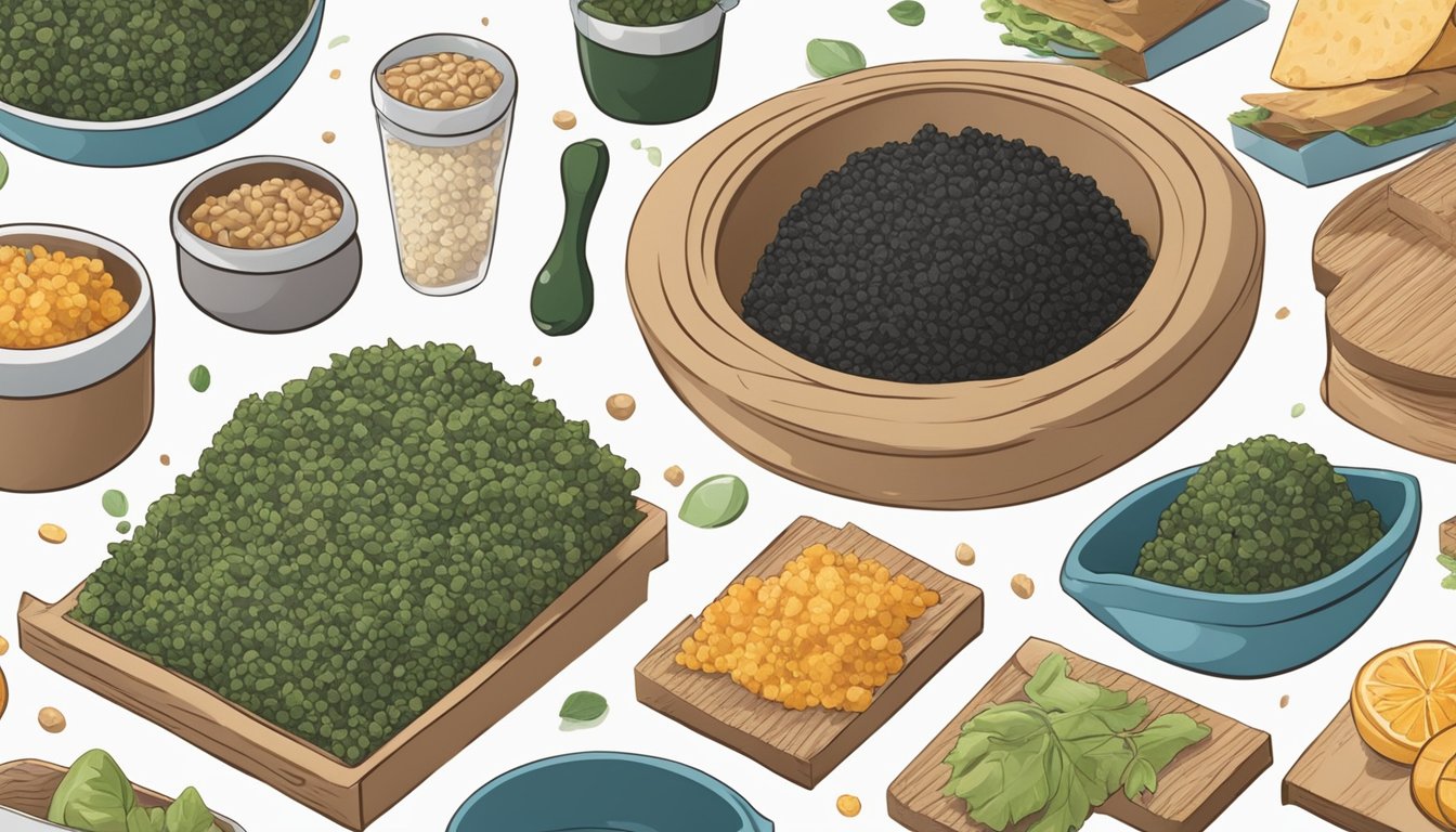 A hand holding expired nori, with a question mark above it, surrounded by various food items