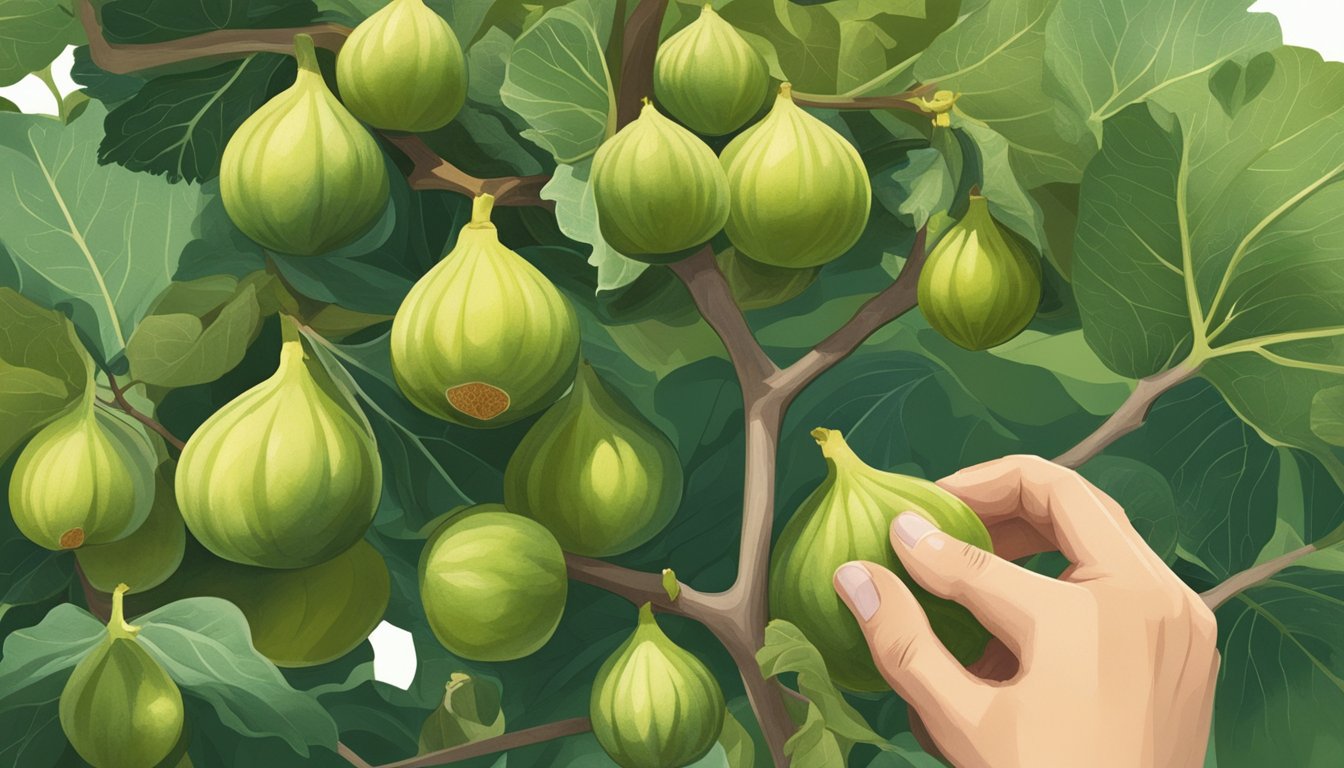 A person picking unripe figs from a tree and examining them closely