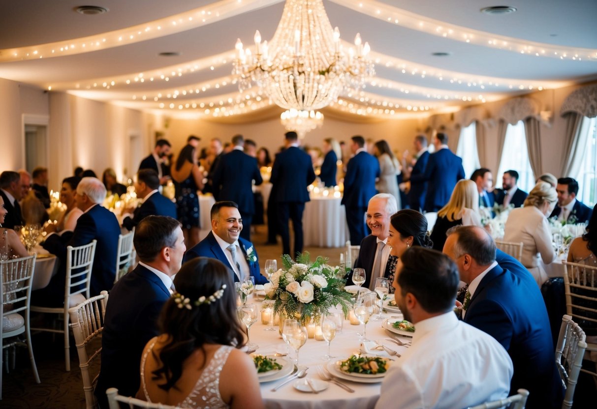 A festive gathering at a charming venue, with tables adorned in elegant decor and soft lighting, as guests mingle and enjoy a pre-wedding meal