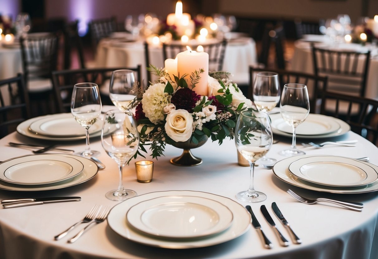 A table set with elegant dinnerware and a floral centerpiece. Wine glasses and candles create a romantic atmosphere for the bride and groom's rehearsal dinner