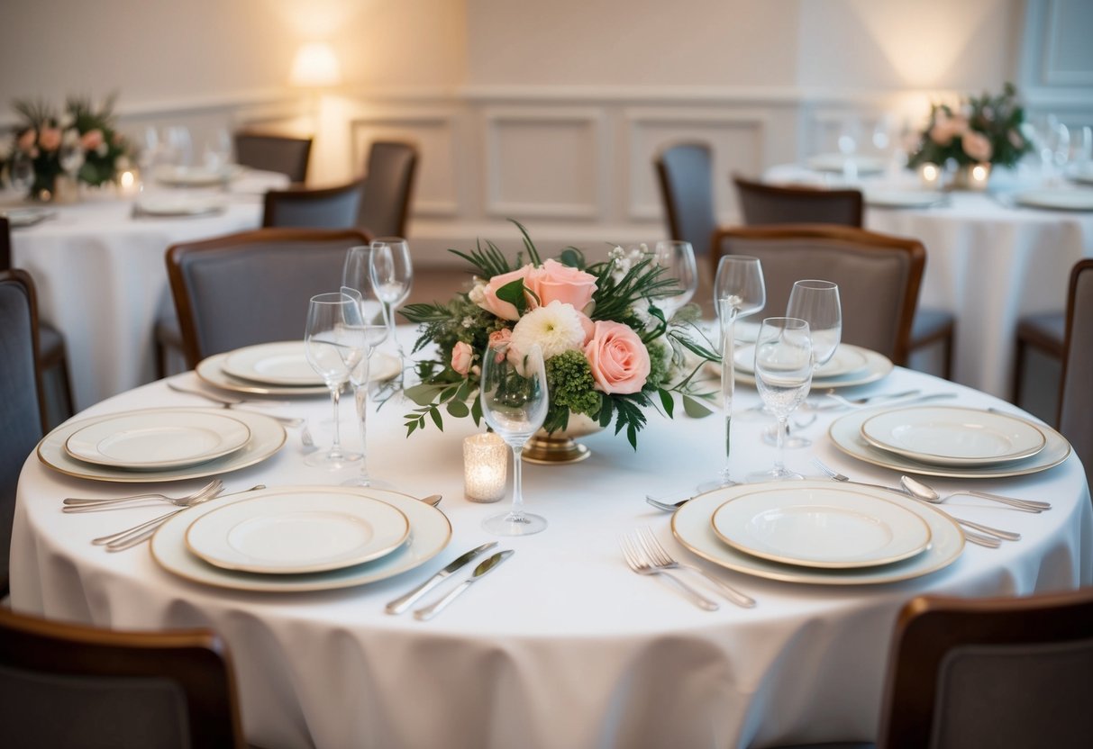 A table set with elegant dinnerware and a floral centerpiece, with two place settings at the head of the table