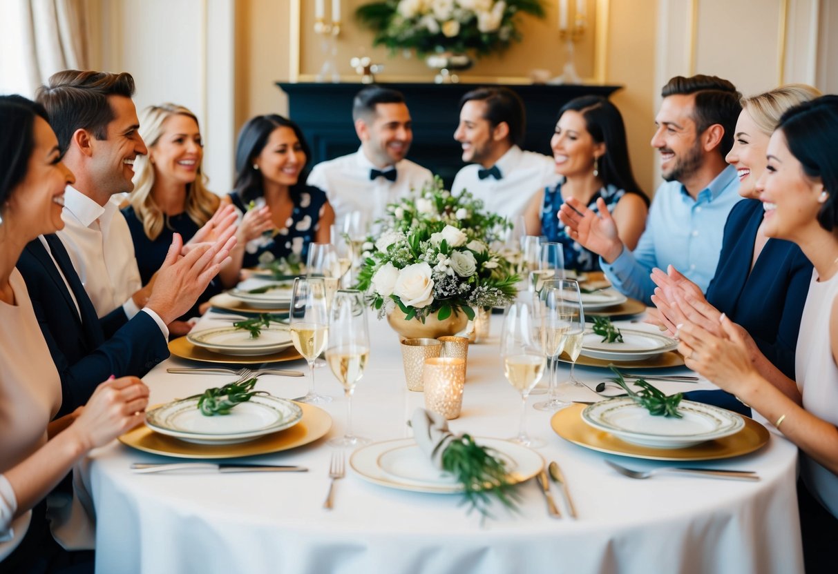 A table set with elegant dinnerware and decorations, surrounded by happy guests chatting and laughing