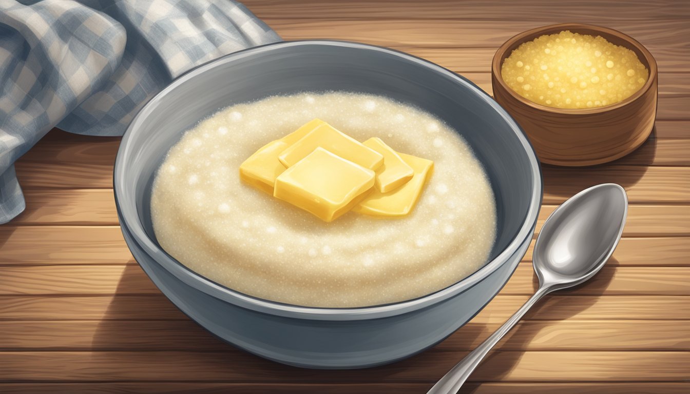 A bowl of steaming grits topped with butter and salt, accompanied by a spoon and a napkin on a wooden table