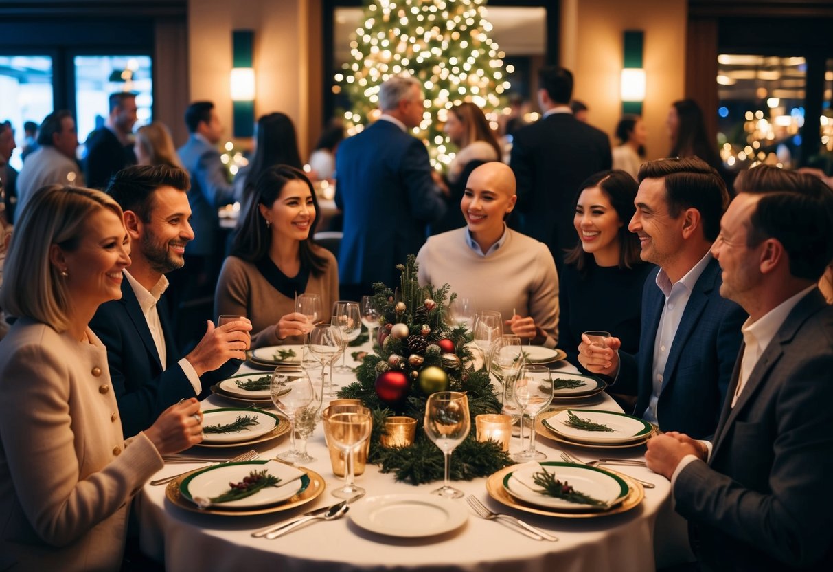 A festive table set with elegant dinnerware, surrounded by happy guests mingling and chatting in a cozy, dimly lit restaurant