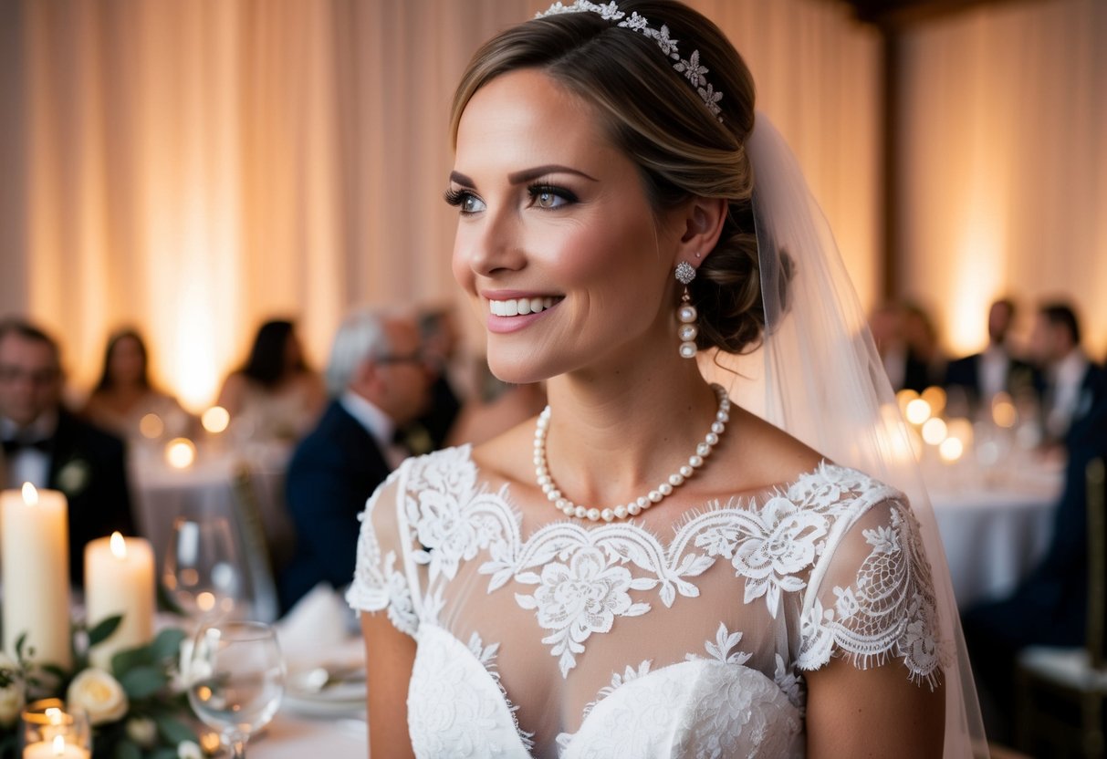 A bride wearing a white lace dress and pearl earrings at a candlelit rehearsal dinner