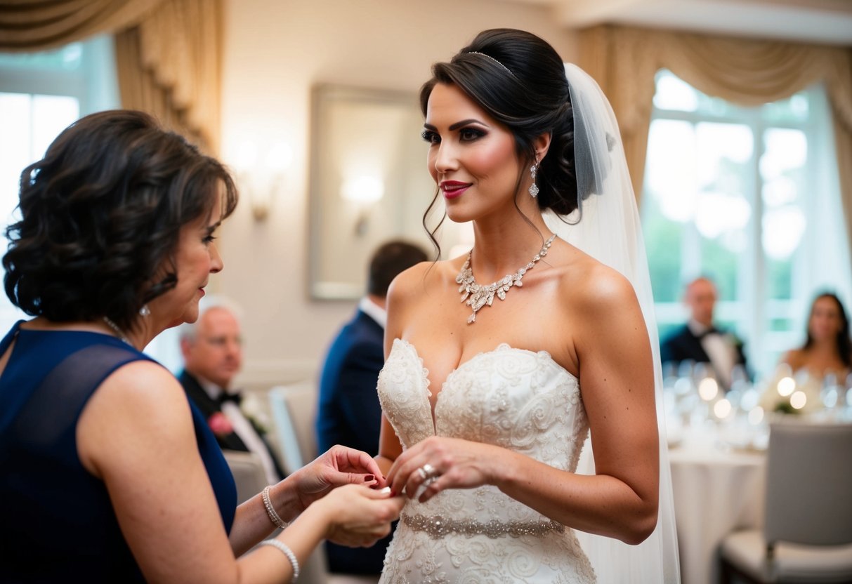 A bride carefully selects her elegant and sophisticated attire for the rehearsal dinner