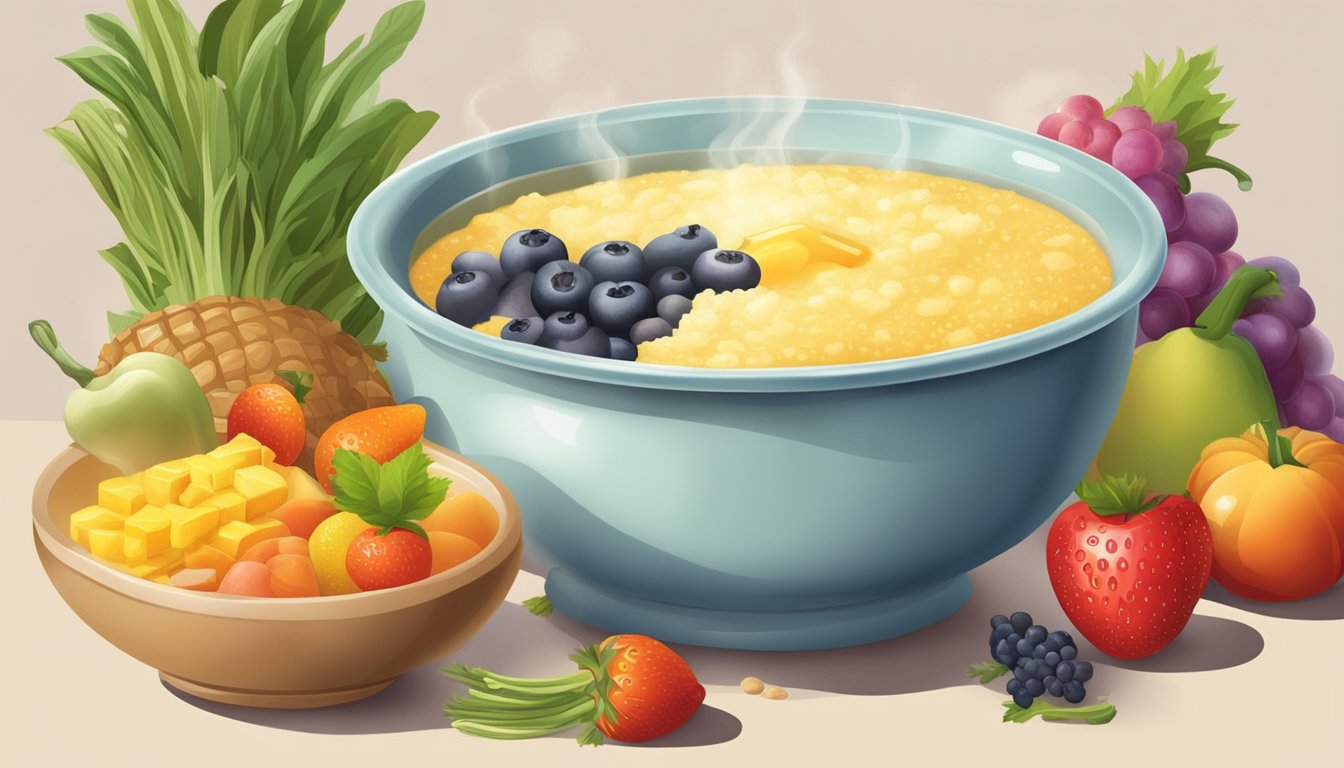 A bowl of steaming hot grits with a pat of melting butter on top, surrounded by a variety of colorful fruits and vegetables