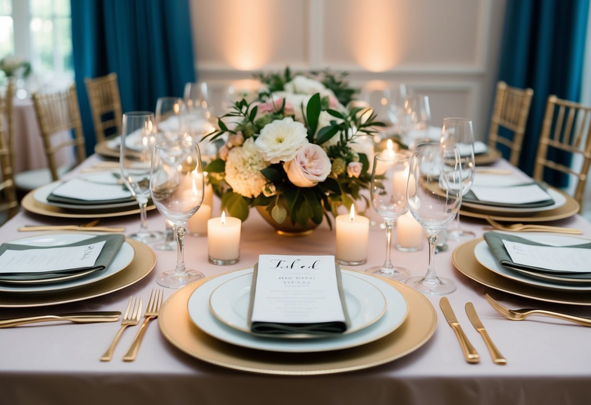 A beautifully set table with elegant place settings, floral centerpieces, and soft candlelight, ready for a rehearsal dinner