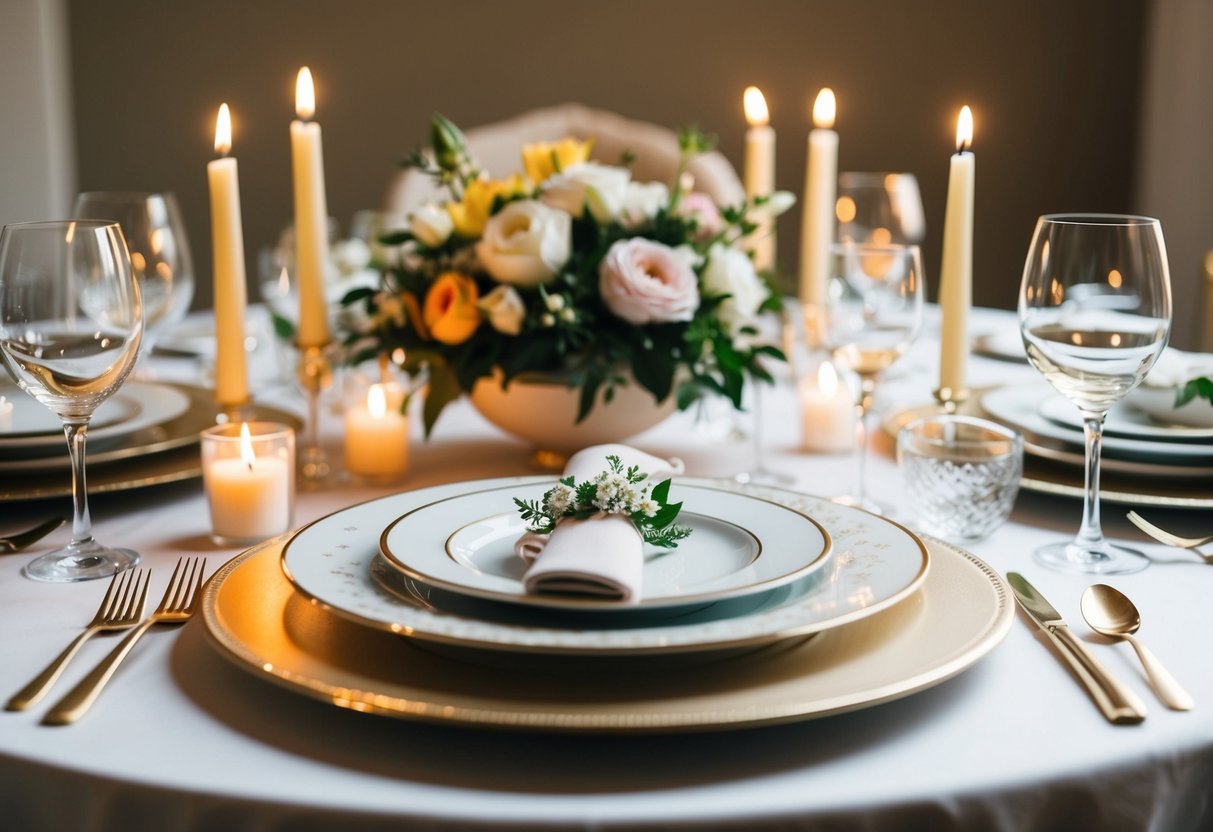A beautifully decorated table set with elegant dinnerware, surrounded by soft candlelight and adorned with fresh flowers