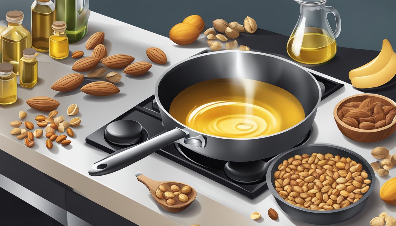 A chef pouring a small amount of nut oil into a sizzling pan, with various nuts and cooking utensils scattered around the kitchen counter