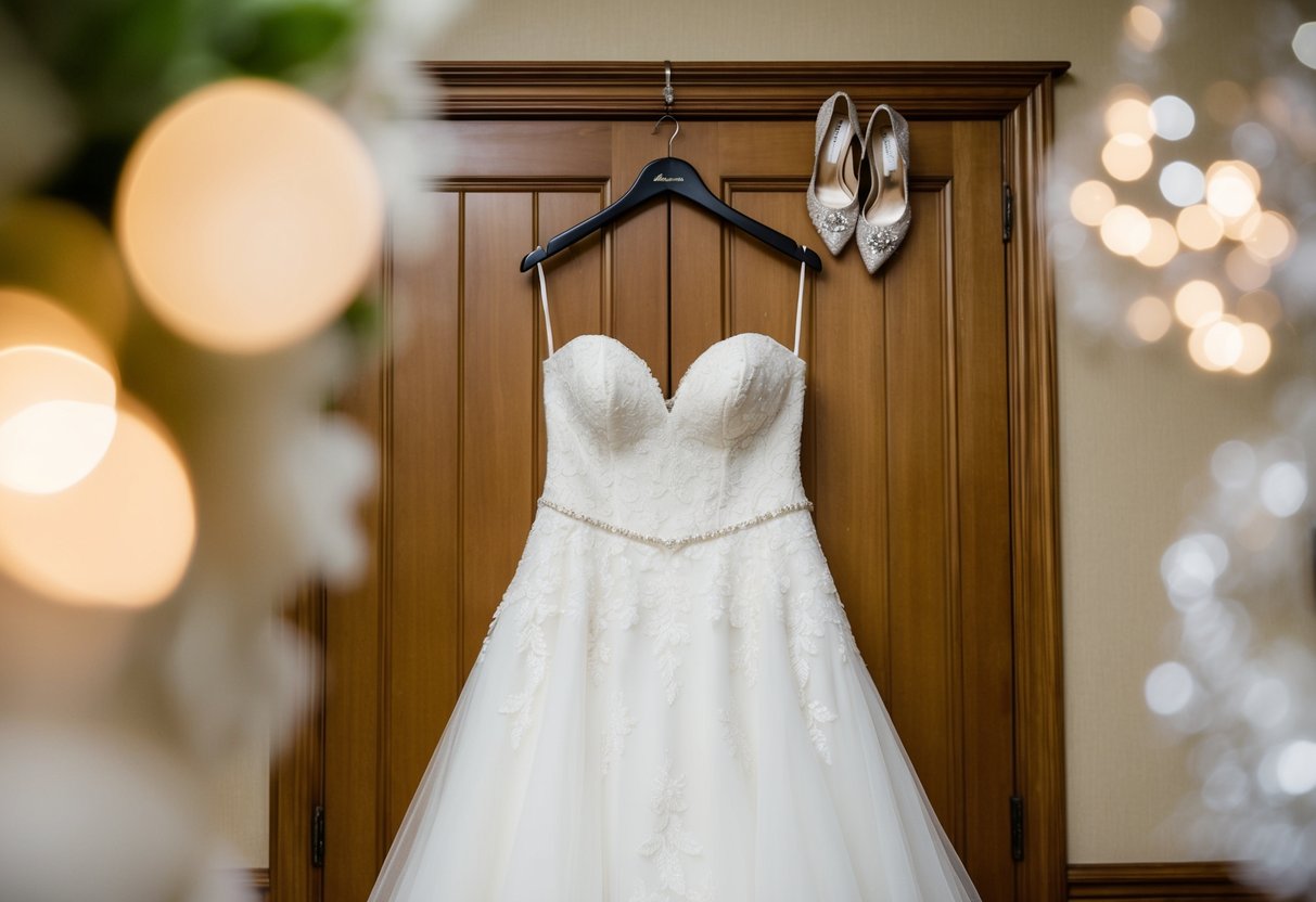 A bride's elegant gown hangs on a hanger, surrounded by delicate jewelry and a pair of stylish shoes, ready for the rehearsal dinner