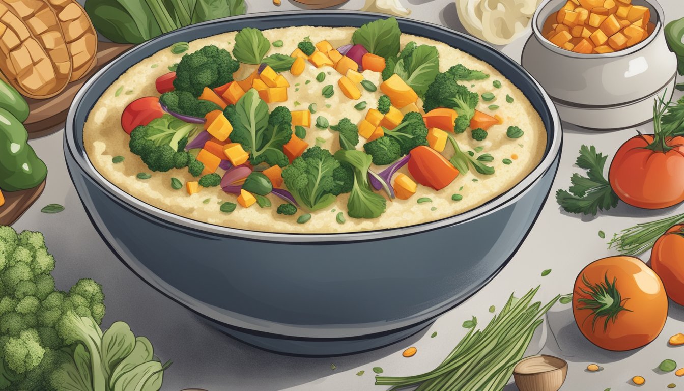 A bowl of creamy grits topped with colorful vegetables and herbs, surrounded by a variety of whole grains and fresh produce