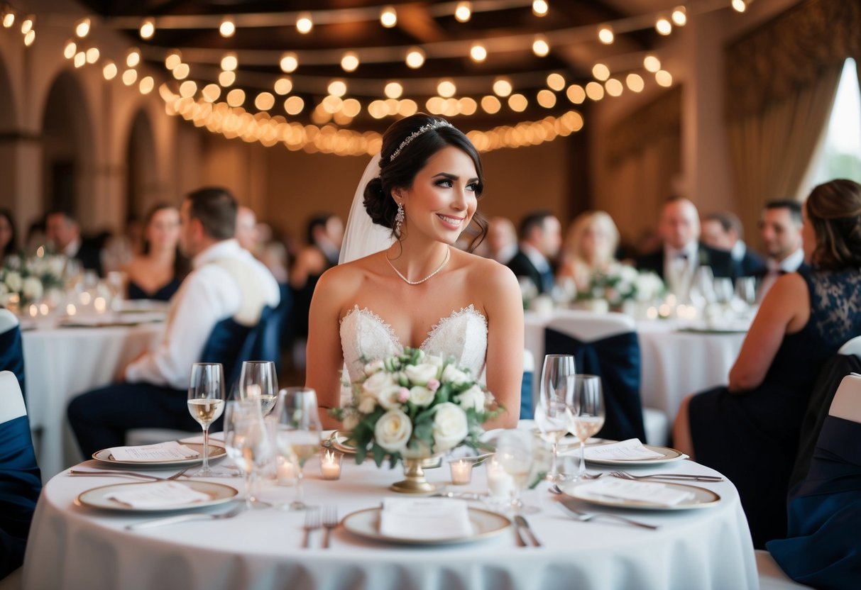A bride in a stylish outfit at a formal rehearsal dinner
