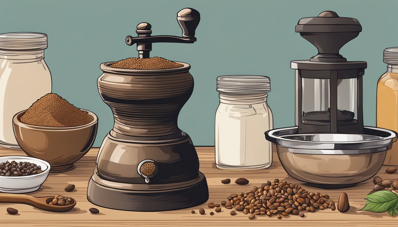 A hand holding a whole nutmeg seed over a spice grinder, with other culinary tools and ingredients scattered around on a kitchen counter