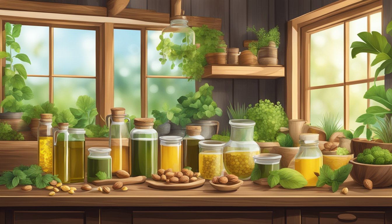 A rustic kitchen with various nut oils and ingredients on a wooden table, with a window revealing a lush garden outside