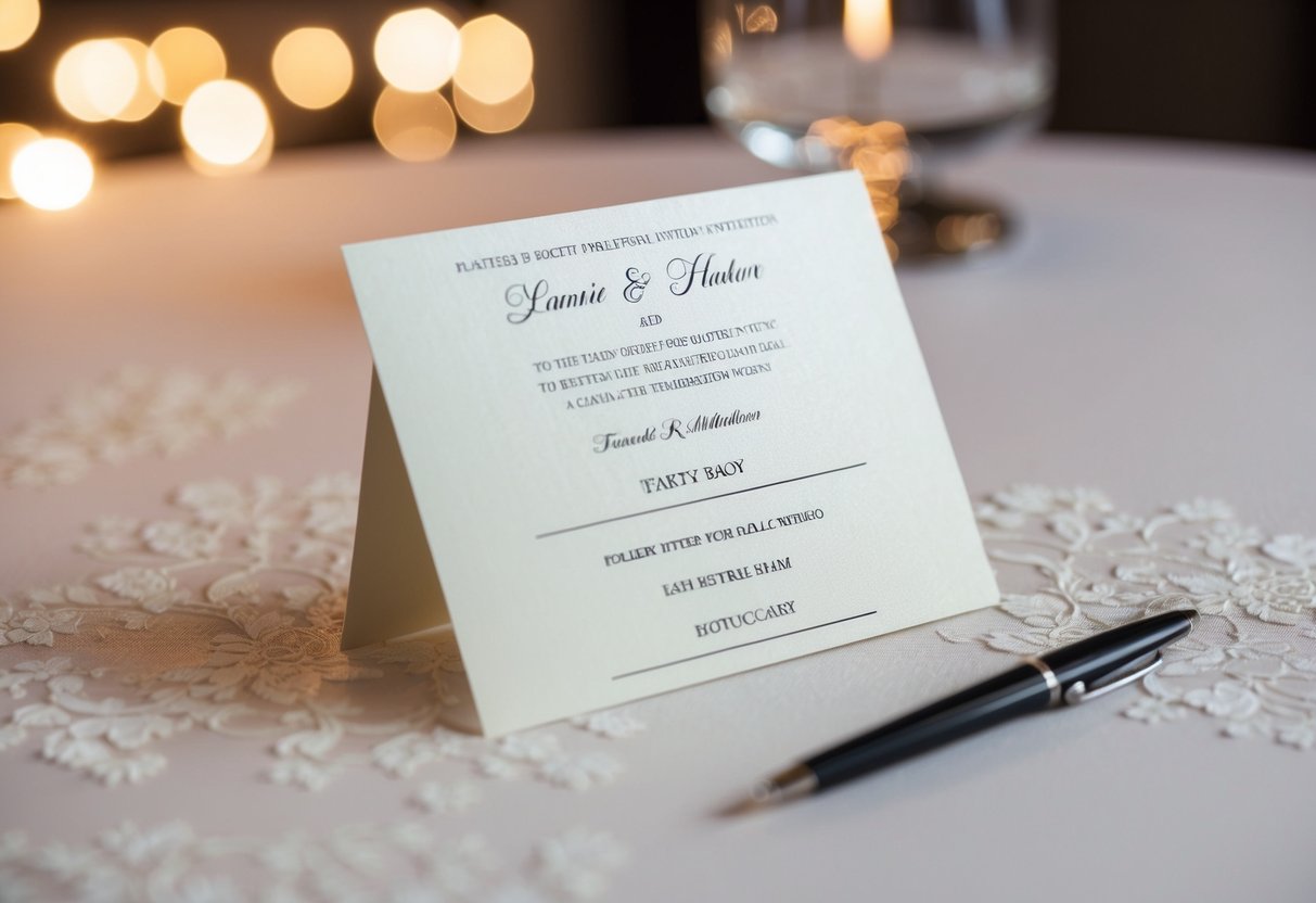 A wedding invitation with two blank spaces for names, one left empty