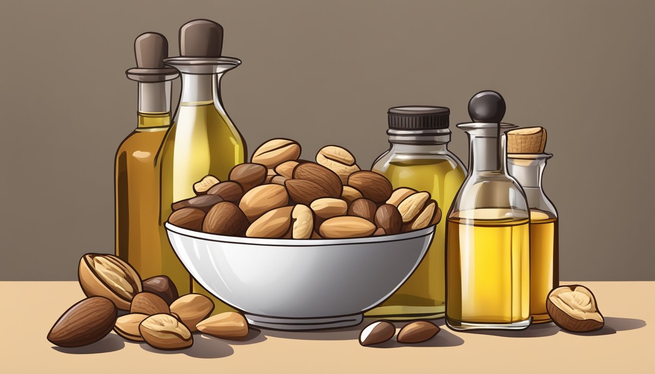 A bowl of mixed nuts with various nut oils in small bottles next to it