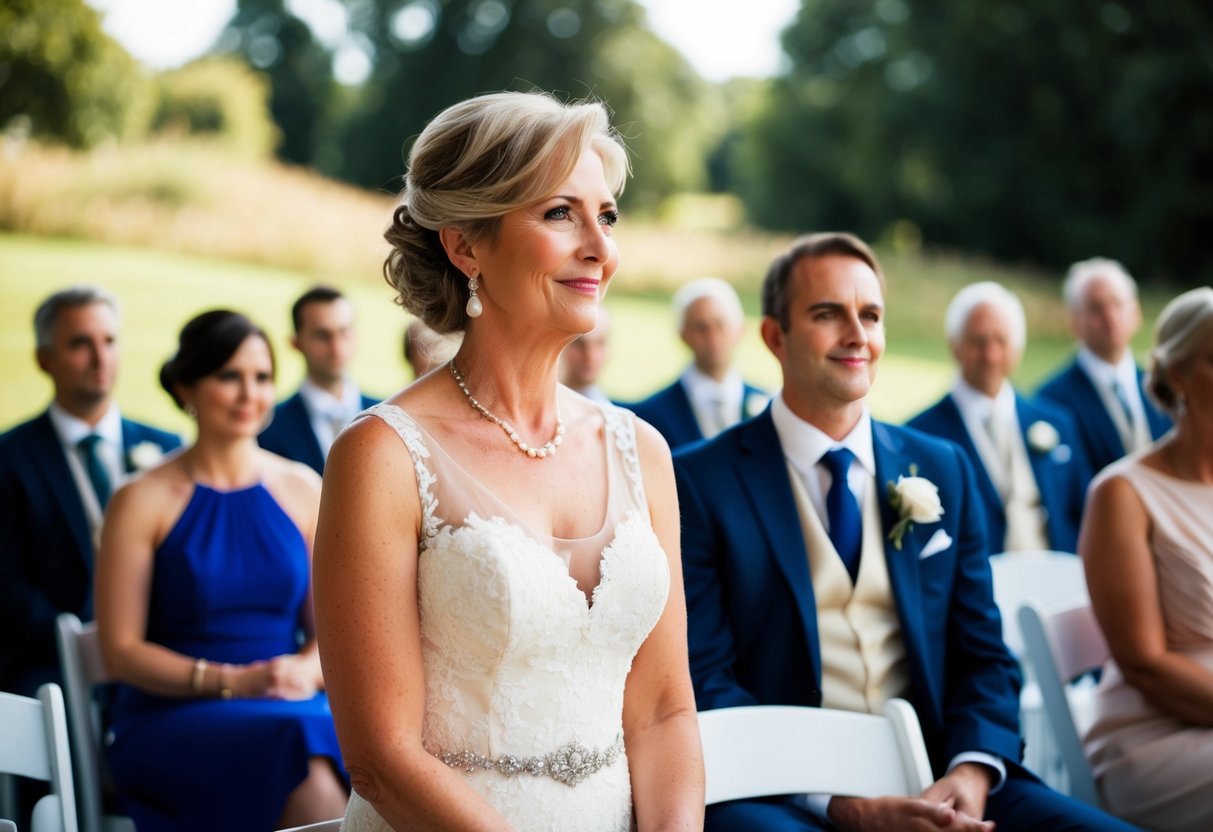 The mother of the groom watches the rehearsal from a distance, observing the proceedings with a mix of pride and anticipation