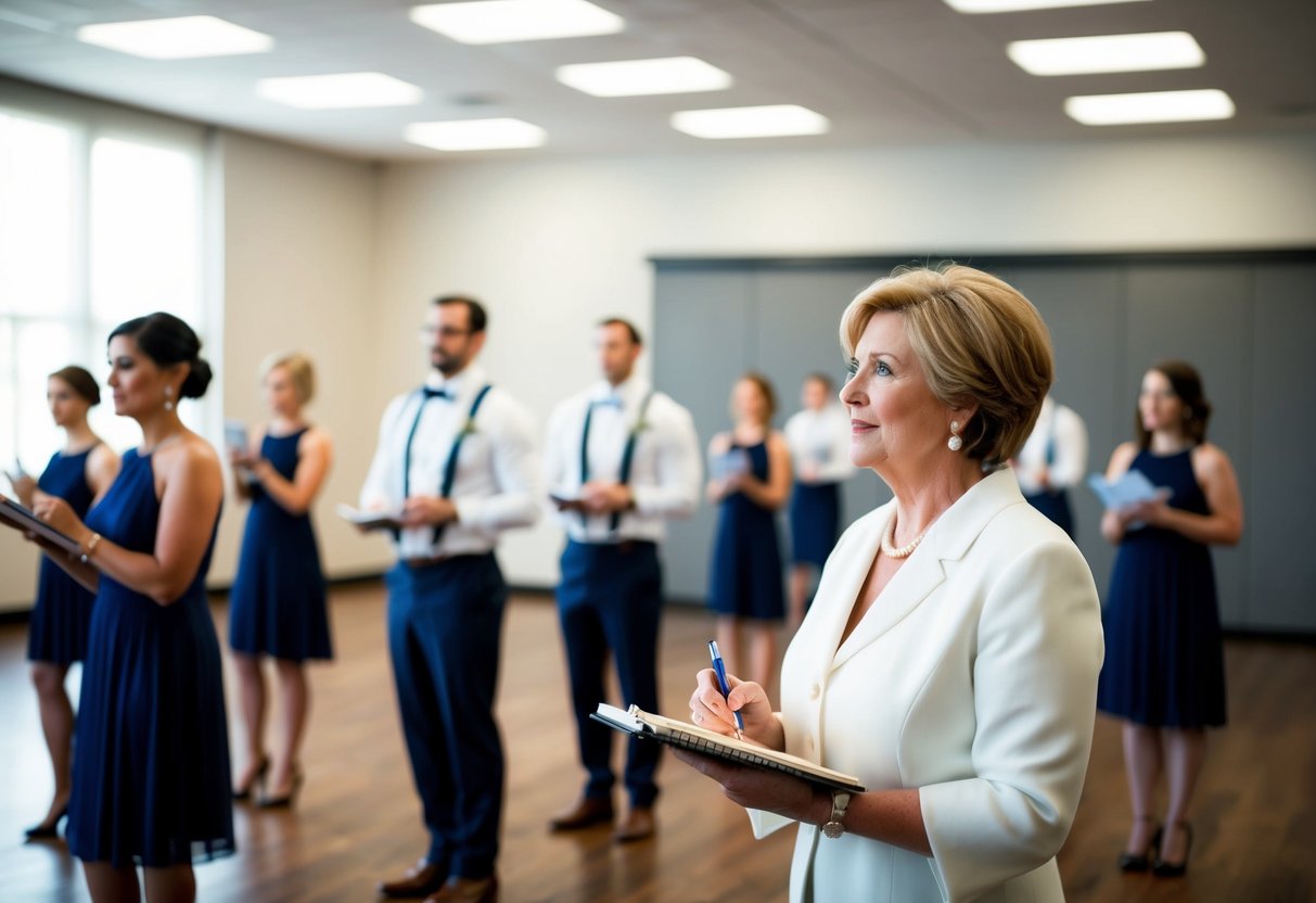 The mother of the groom stands at the back of the rehearsal space, watching as the wedding party practices their movements. She holds a notebook and pen, taking notes and occasionally offering suggestions