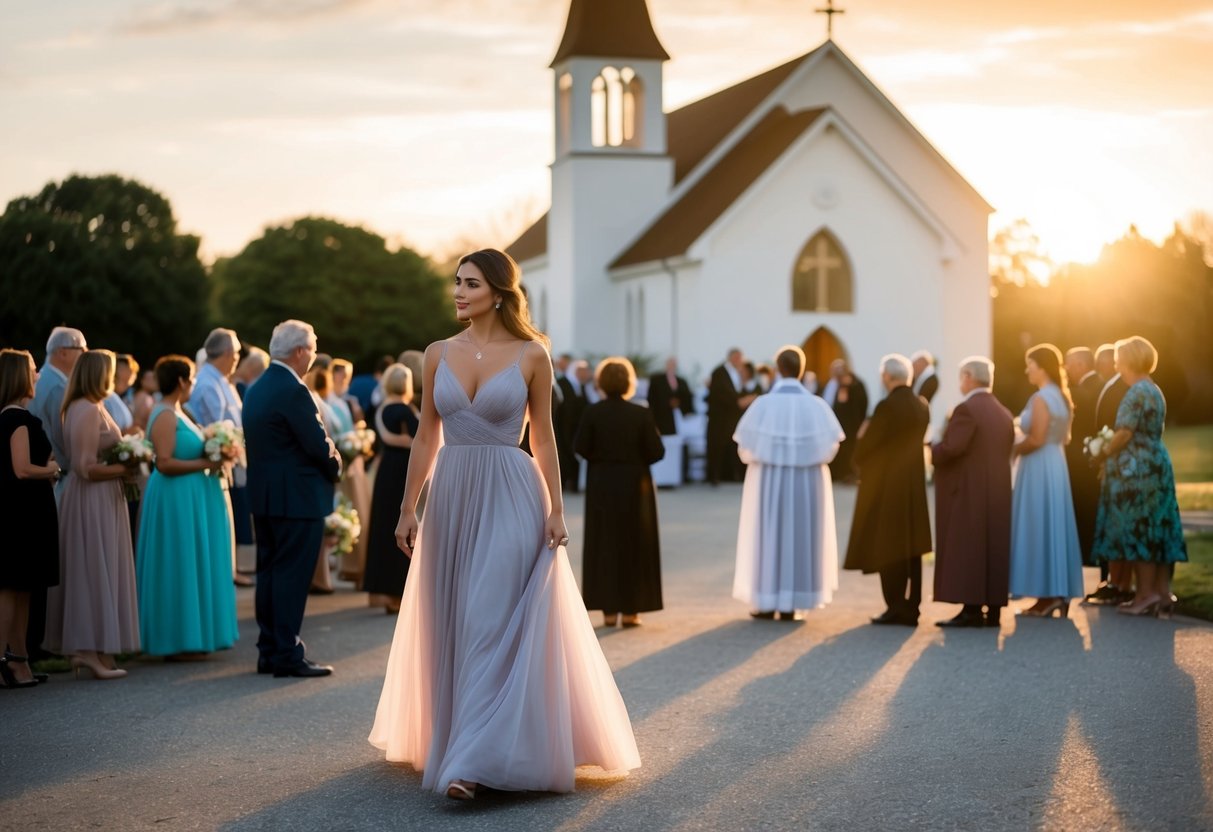 A woman in a flowing dress watches from a distance as a group of people gather in a church. The setting sun casts a warm glow over the scene