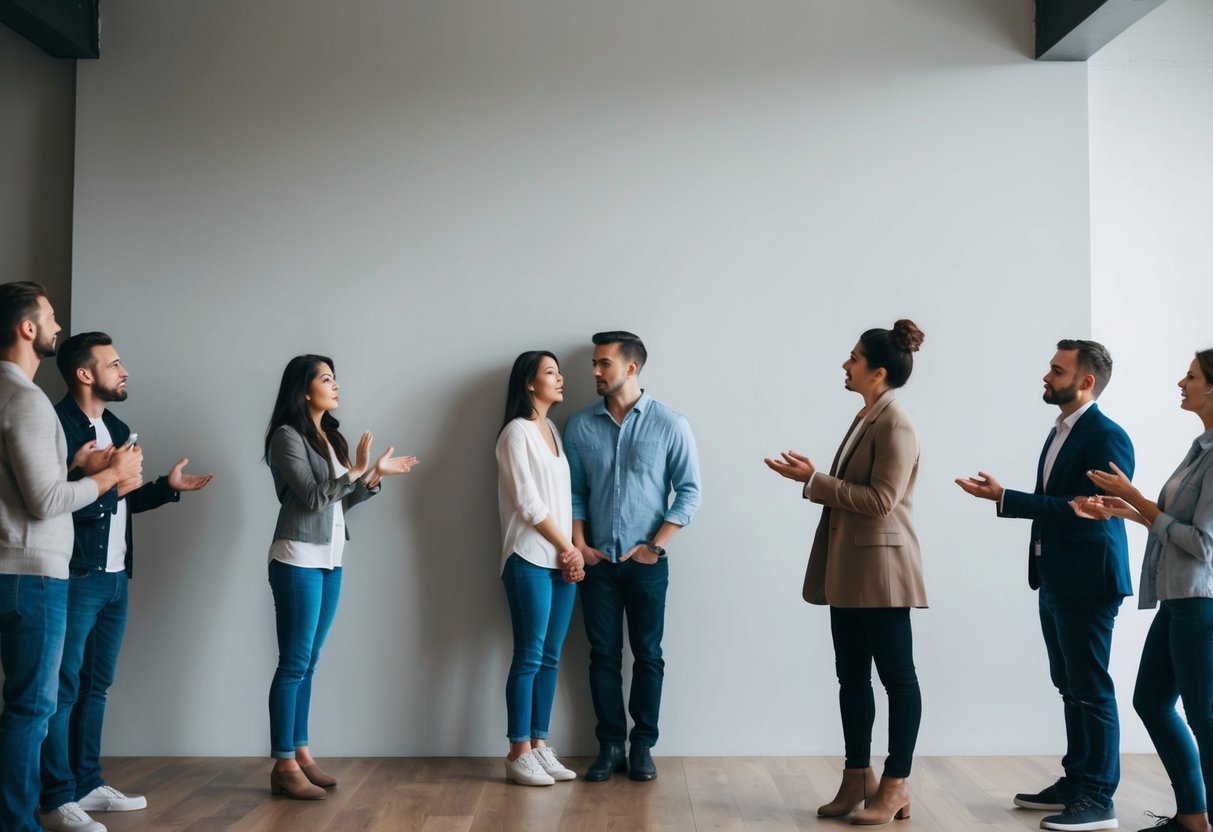 A couple standing in front of a blank wall, looking unsure as they receive puzzled looks from friends and family