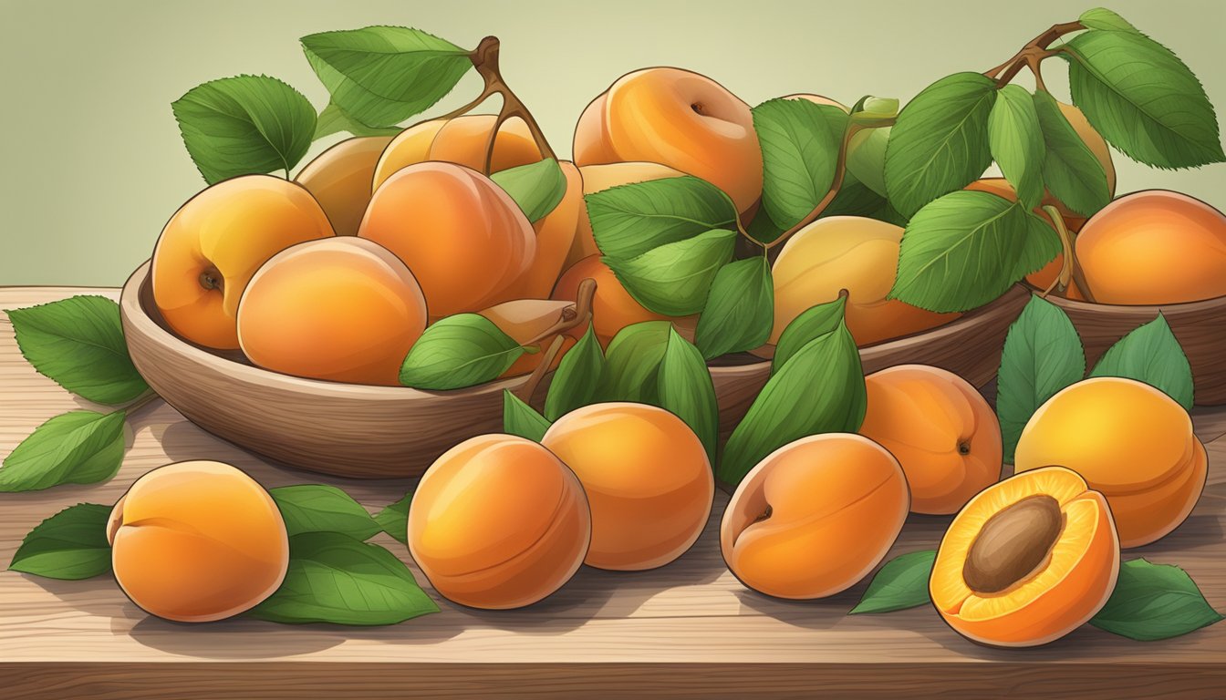 A pile of apricots, some ripe and orange, others still green and unripe, sitting on a wooden cutting board