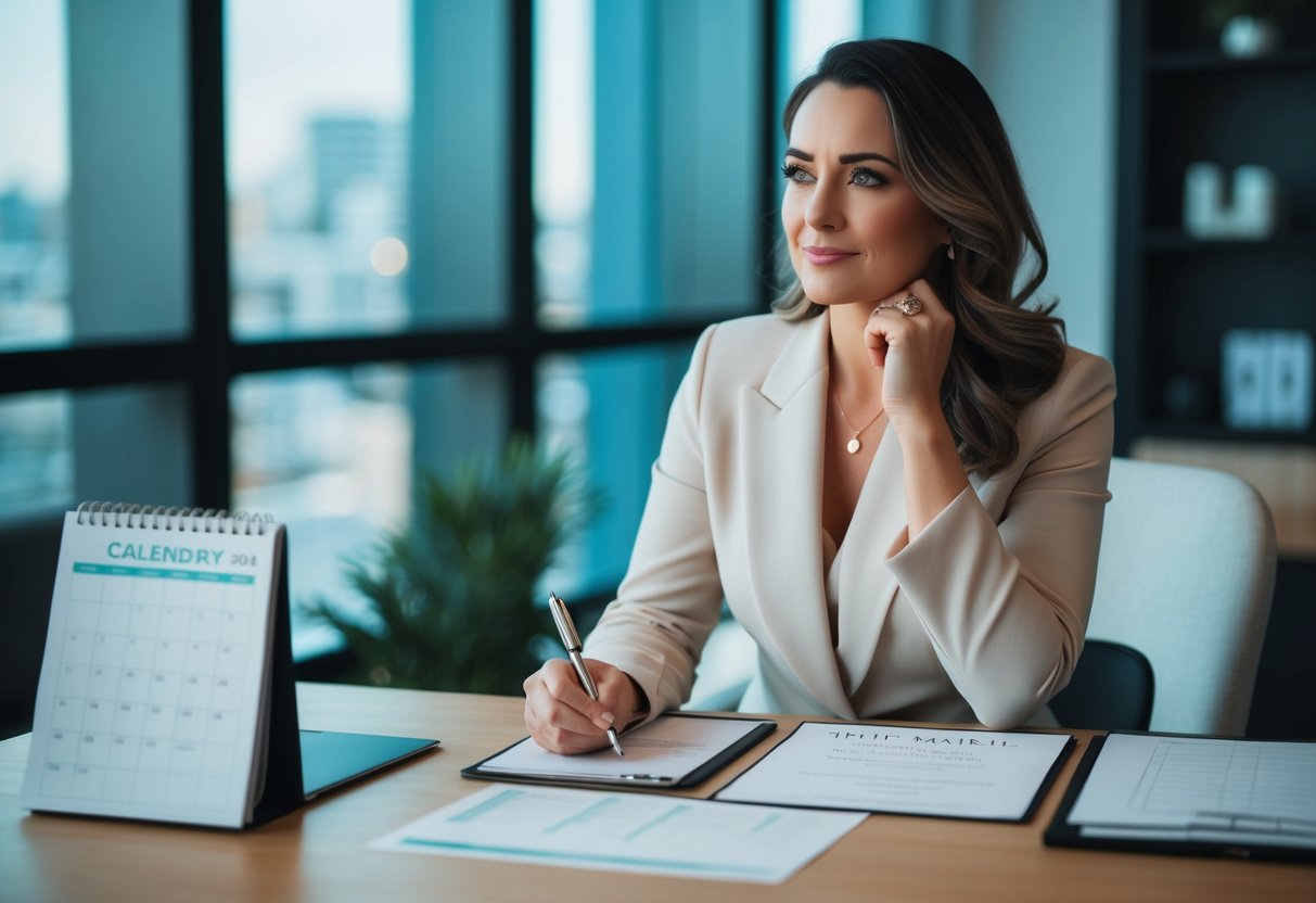 A woman sits at a desk with a calendar, budget spreadsheet, and a wedding invitation. She looks contemplative, with a pen in hand
