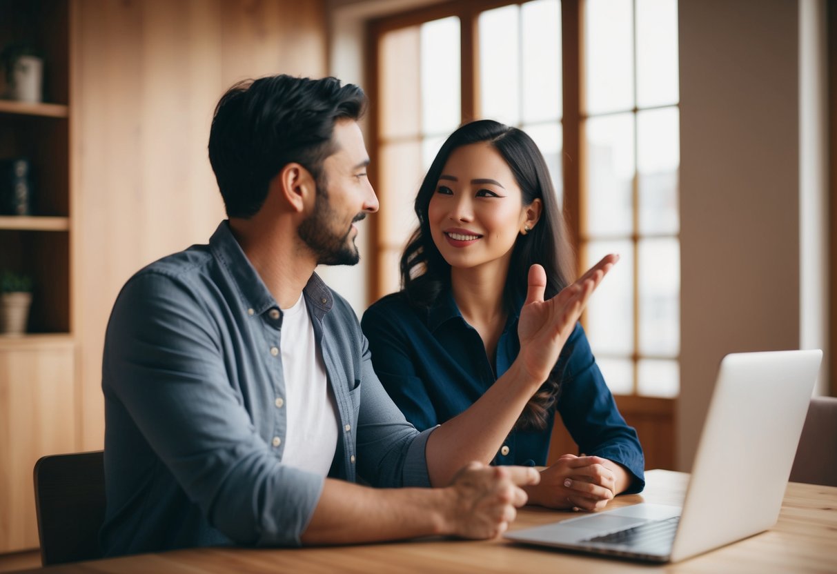A couple sitting at a table, one gesturing while the other listens attentively. The setting is warm and inviting, with a sense of thoughtful consideration